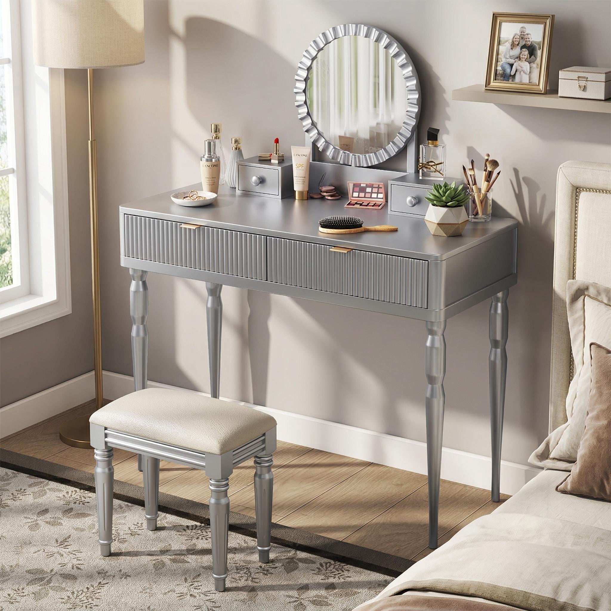 Homy Casa Makeup Vanity Table with Round Mirror, 4 Drawers & Stool, Silver