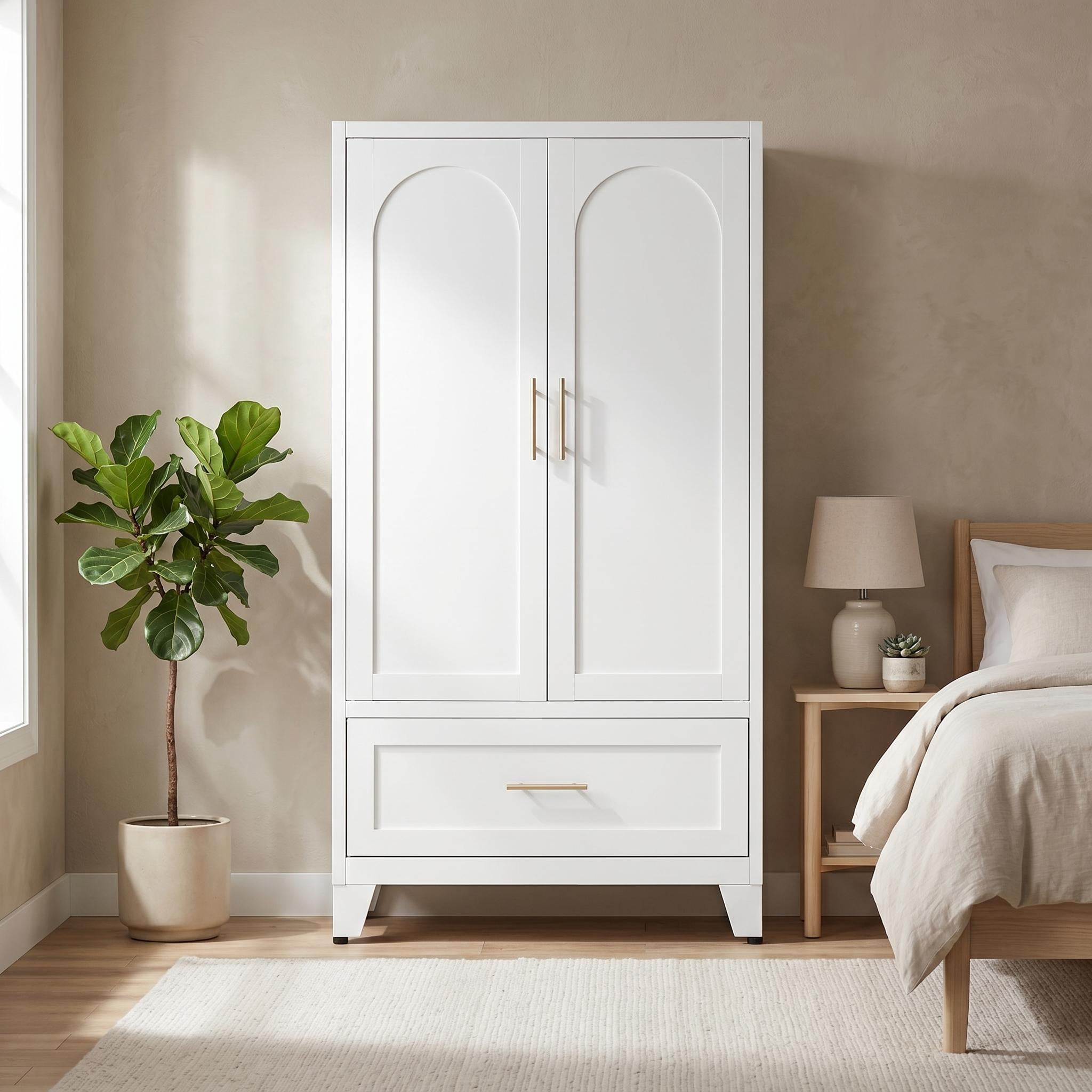 Homy Casa 60" Freestanding Armoire Wardrobe Closet with Doors, Drawer for Bedroom, White Storage Cabinet
