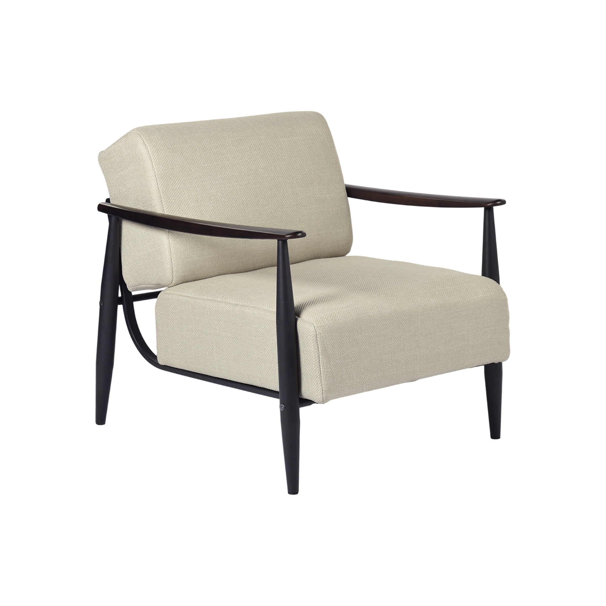 Homy Casa Mid-Century Accent Chair with Dark Wood Armrests, Beige Fabric Armchair