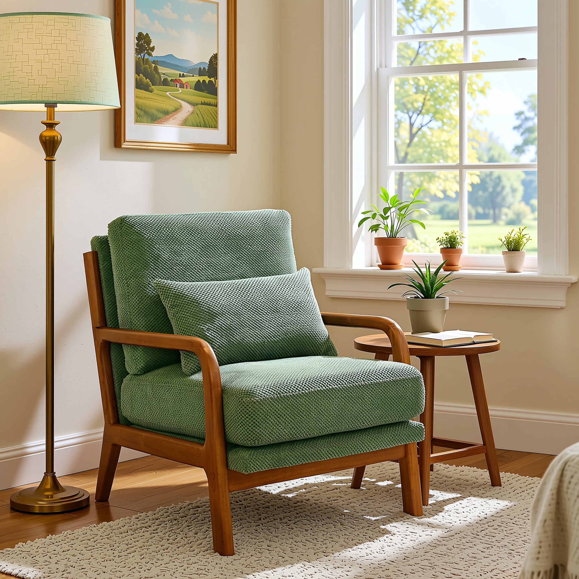 Homy Casa Mid-Century Accent Chair, Comfy Upholstered Reading Chair with Solid Wood Arms, Green