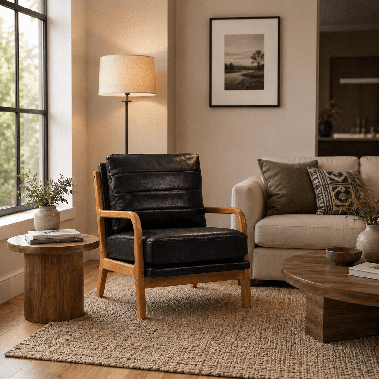 Homy Casa Mid-Century Accent Chair, Upholstered Lounge Reading Chair with Wood Frame, Black