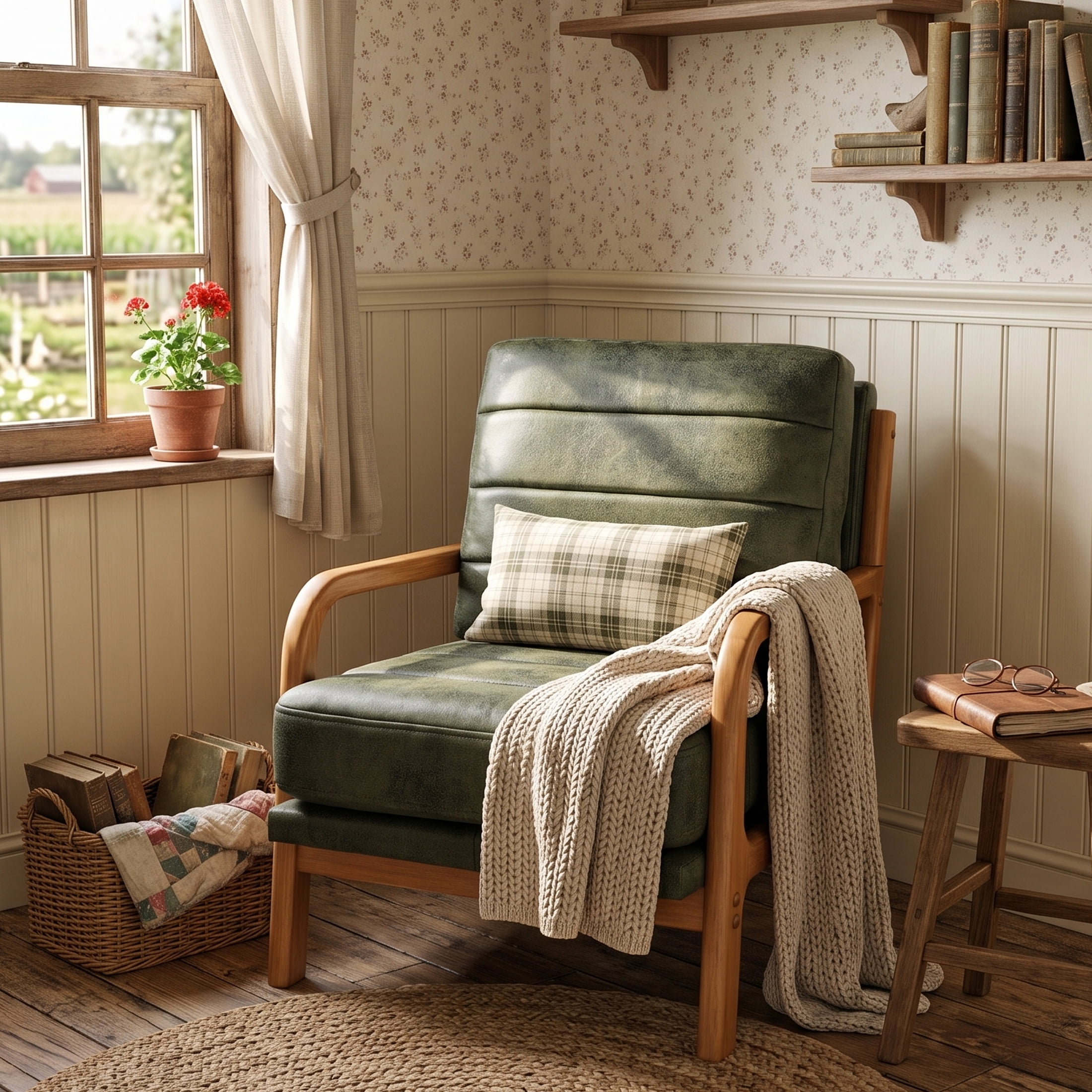 Homy Casa Mid-Century Accent Chair, Upholstered Reading Chair with Wood Frame, Olive Green