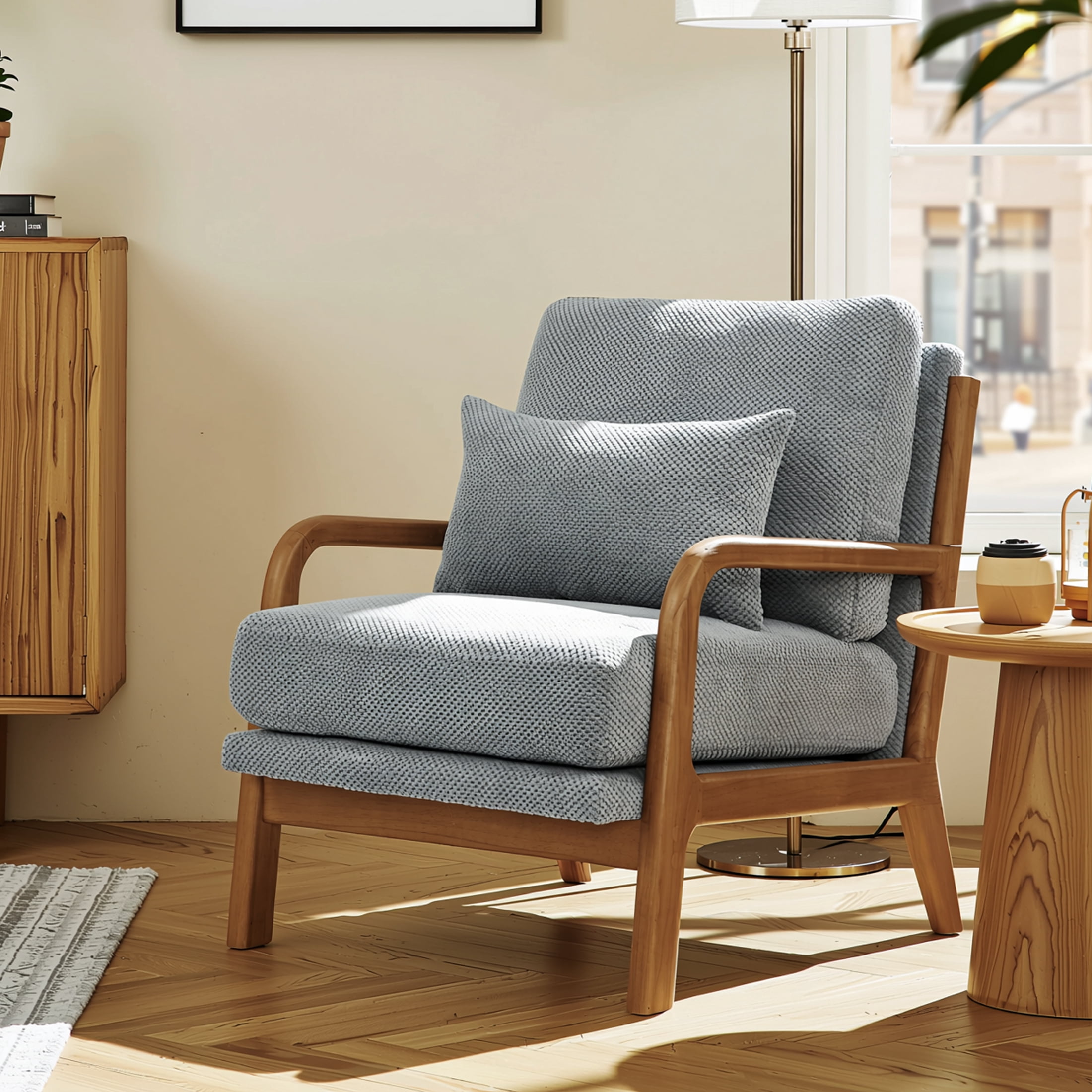Homy Casa Mid-Century Modern Accent Chair, Textured Fabric Reading Armchair with Wood Frame, Gray