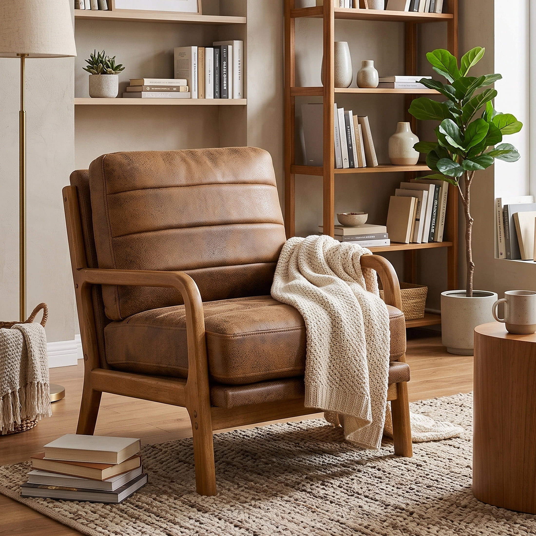 Homy Casa Mid-Century Accent Chair, Upholstered Reading Chair with Wood Frame, Brown