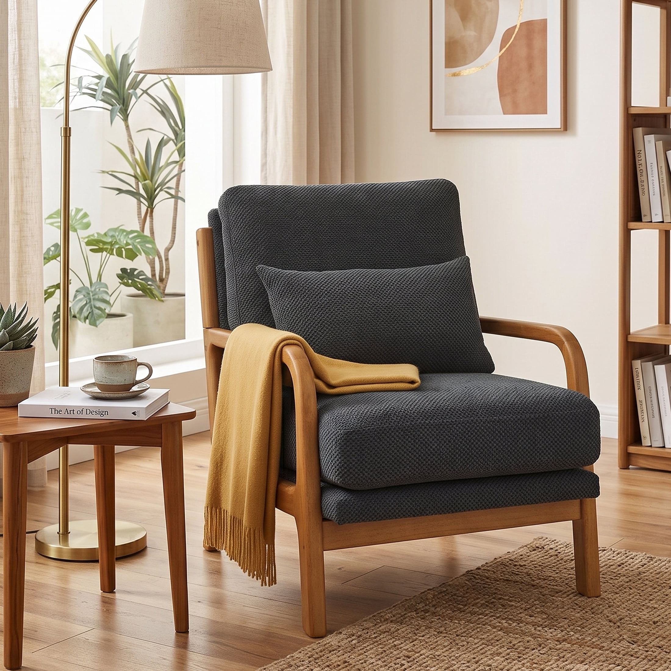 Homy Casa Mid-Century Modern Reading Chair, Upholstered Accent Armchair with Wood Frame, Dark Gray
