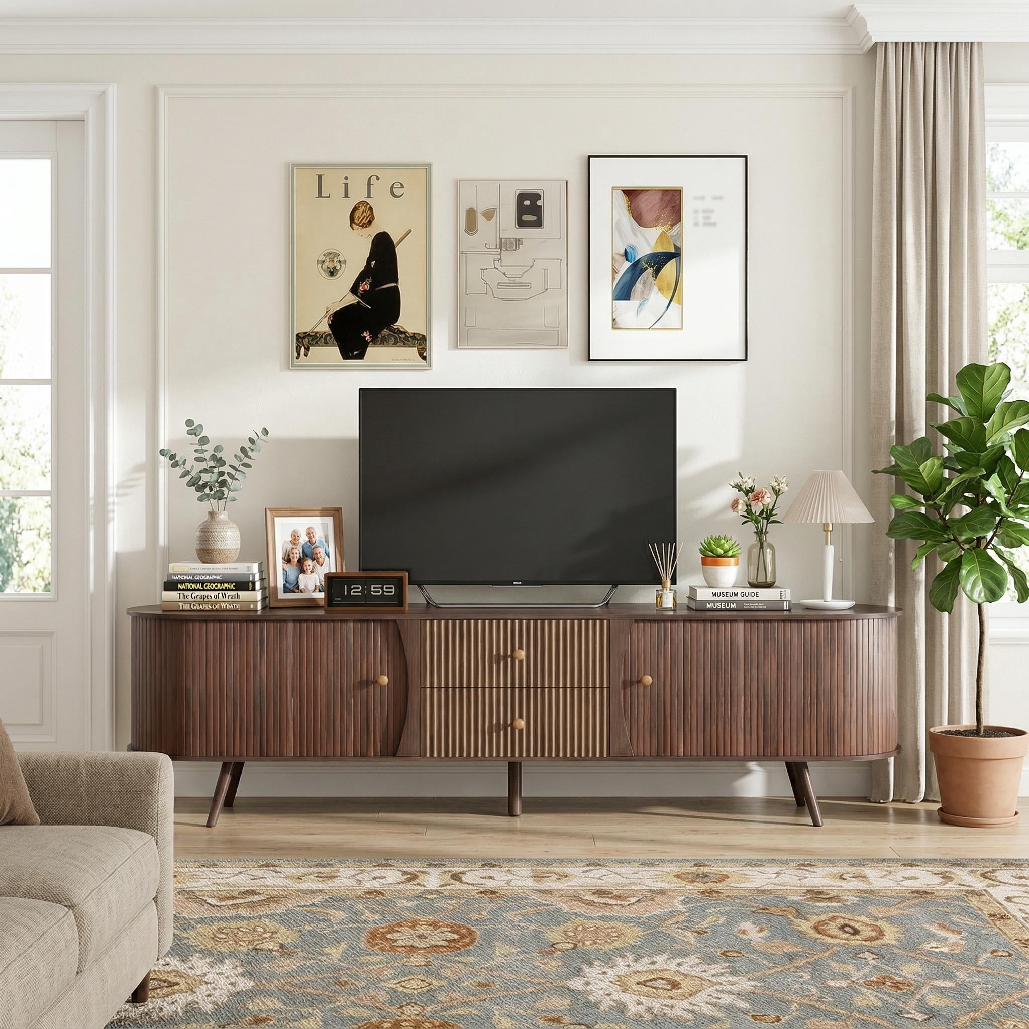 Homy Casa Mid Century Modern TV Stand for TVs up to 80", Fluted Entertainment Center with Tambour Doors and Drawers