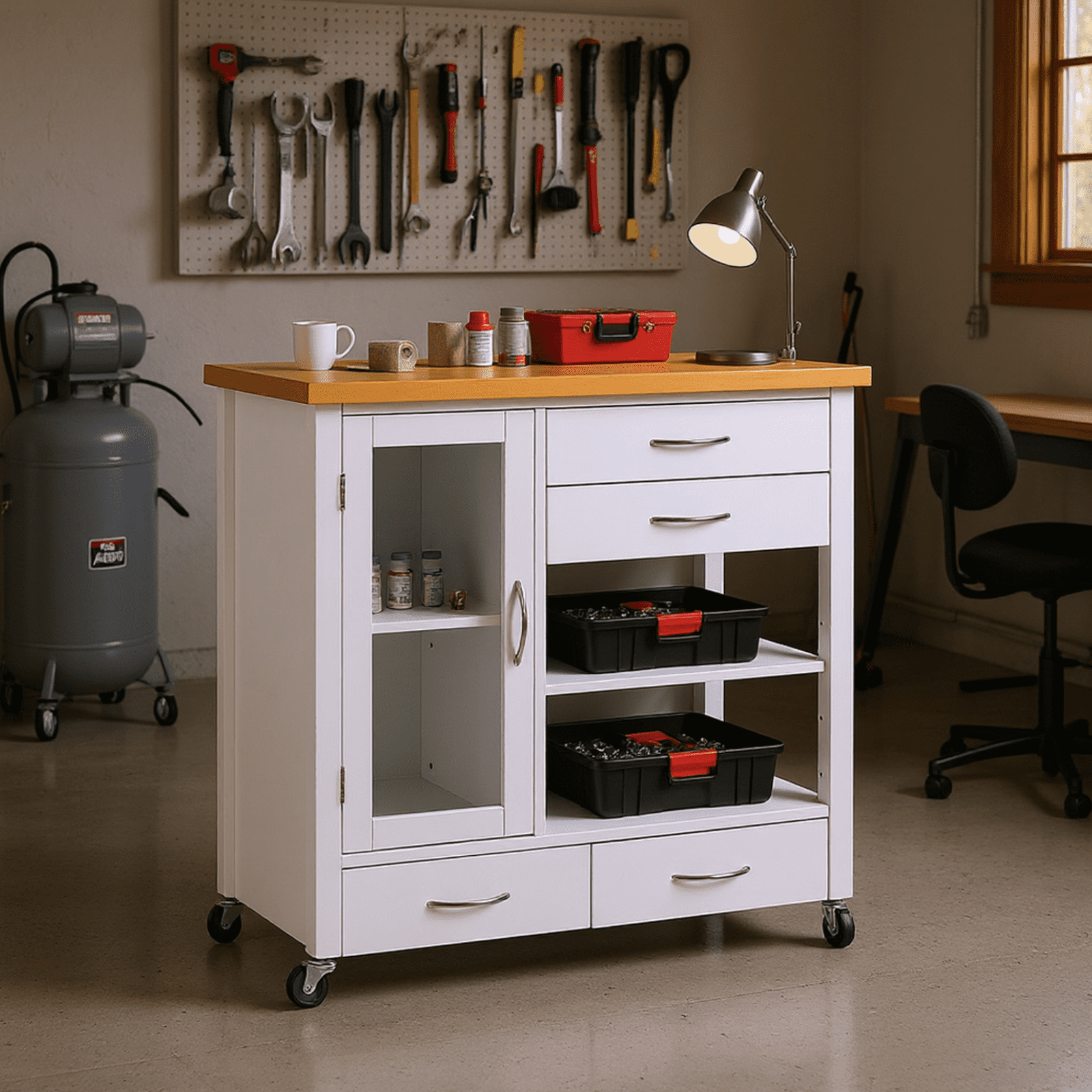 Homy Casa Mobile Garage Storage Cabinet with Drawers, Shelves, and Lockable Wheels, White