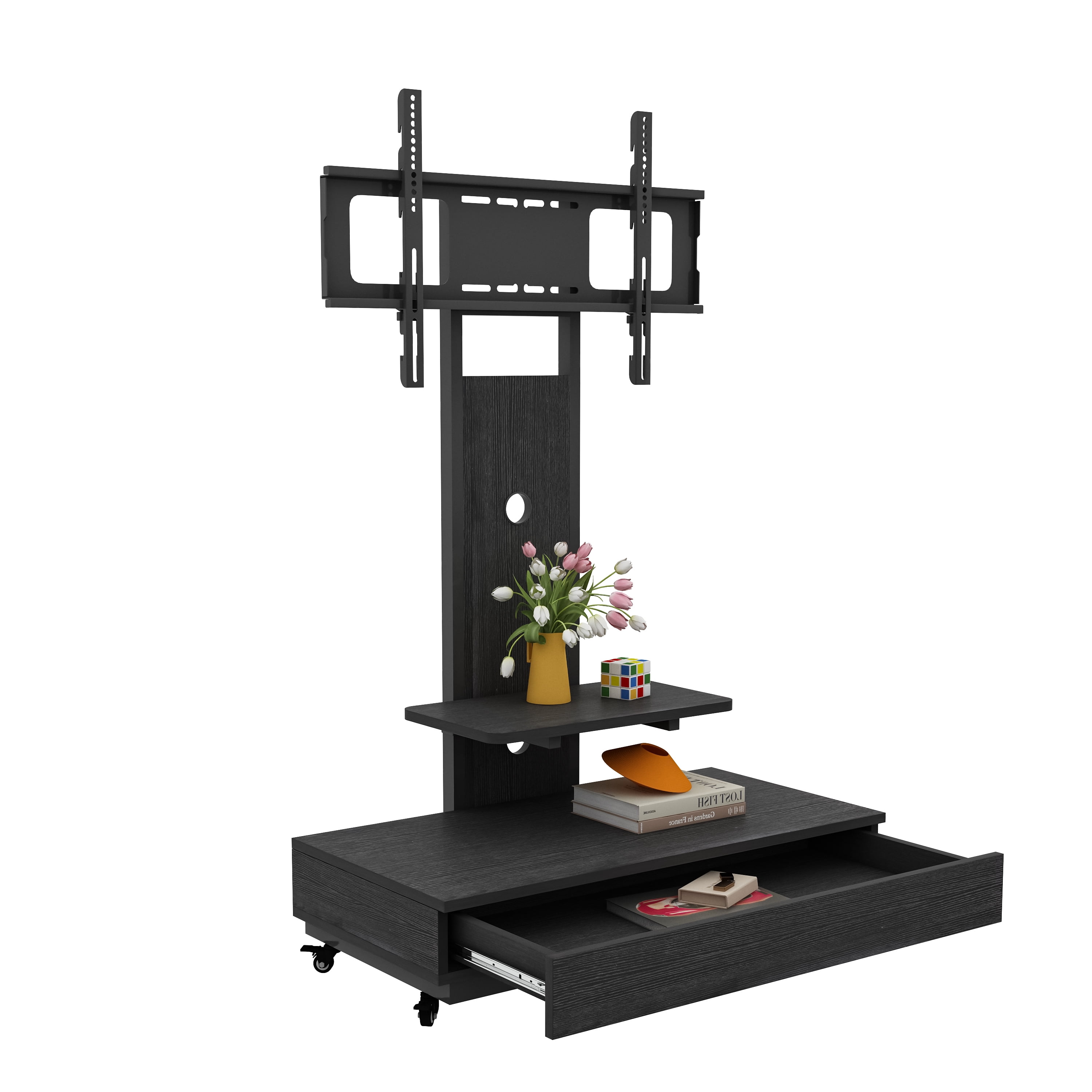 Homy Casa Mobile TV Stand for 32-75 Inch TVs with Wheels, Swivel Adjustable Height Storage Shelf and Drawer