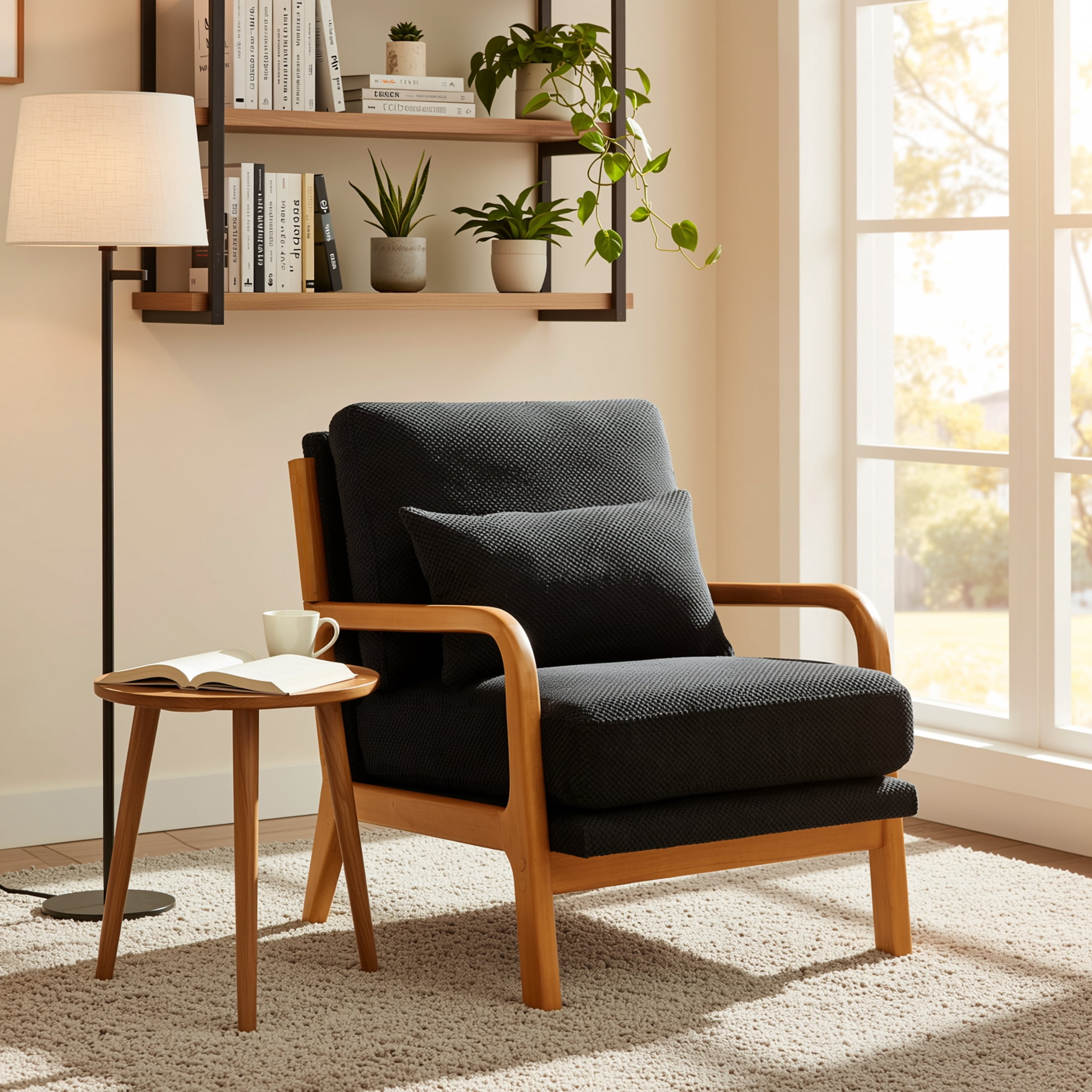 Homy Casa Modern Accent Armchair, Textured Fabric Lounge Chair with Wood Frame and Pillow, Black