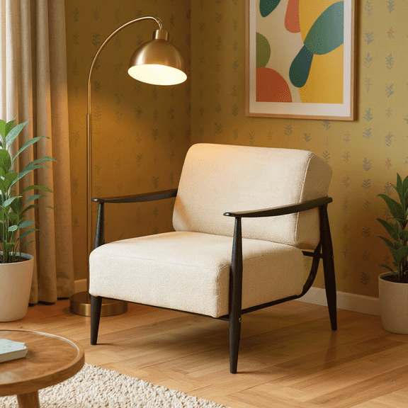 Homy Casa Modern Accent Armchair with Wood Armrest for Living Room & Reading Corner, Beige