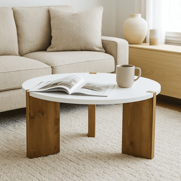 Homy Casa Modern Coffee Table for Living Room, White Round Table with Wood Legs, Small Space Accent