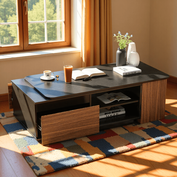 Homy Casa Modern Coffee Table with Storage Drawers & Open Shelves, Black & Walnut Wood-Grain Finish
