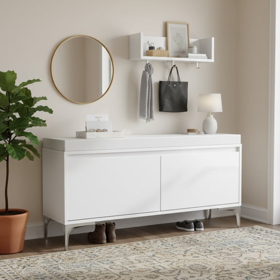 Homy Casa Modern Entryway Shoe Storage Bench with Cushion & Wall Shelf, White Bookcase for Hallway, Bedroom