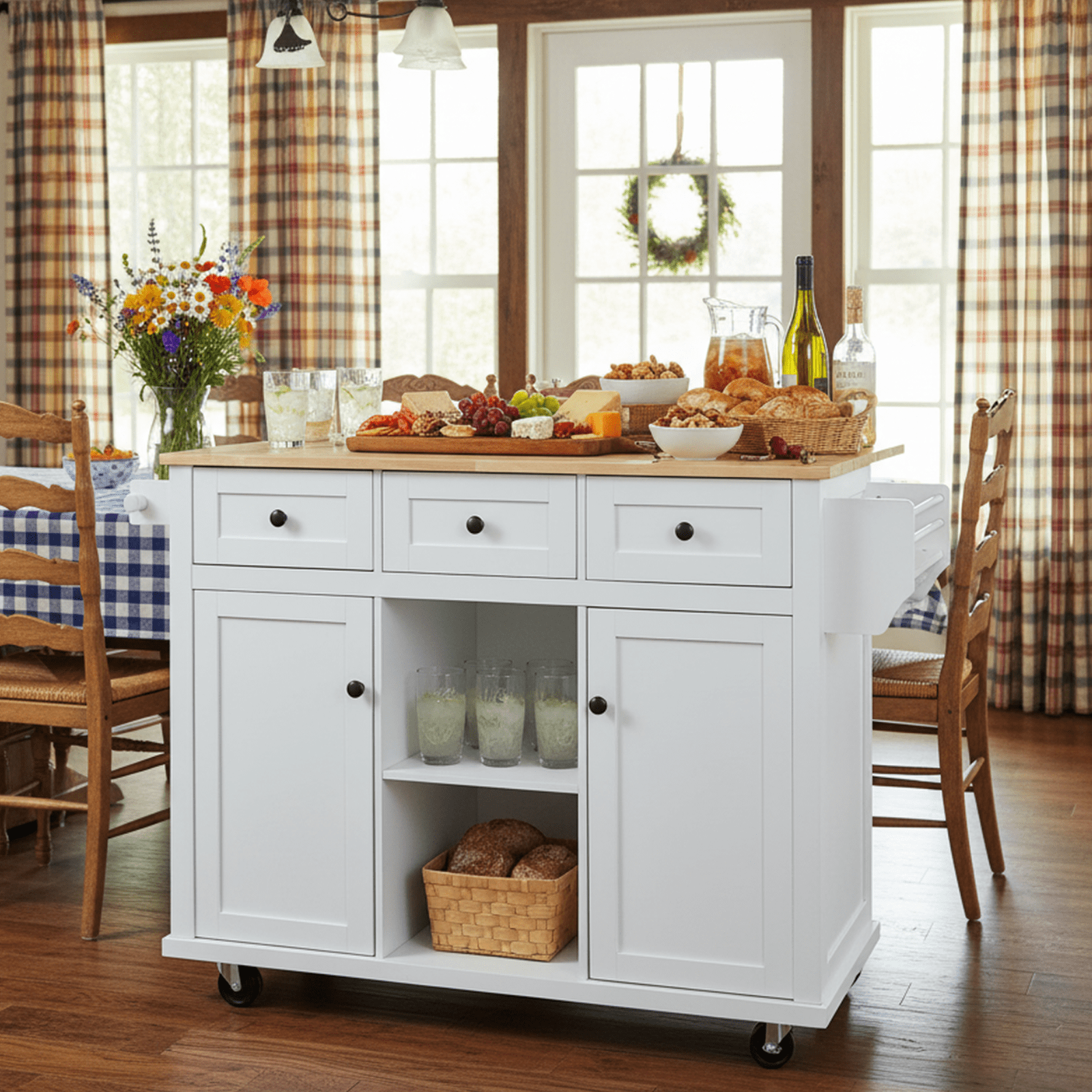 Homy Casa Modern Kitchen Serving Cart with Rubber Wood Top Drop Leaf, Storage Cabinet, White