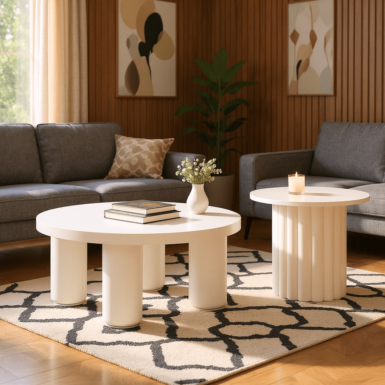 Homy Casa Modern Round Coffee Table Set of 2, Stylish Cylindrical Leg Design, for Living Room, White
