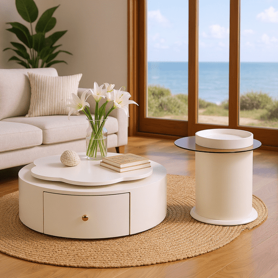 Homy Casa Modern Round Coffee Table Set, with Rotating Top Drawers and Glass Side Table, for Living Room