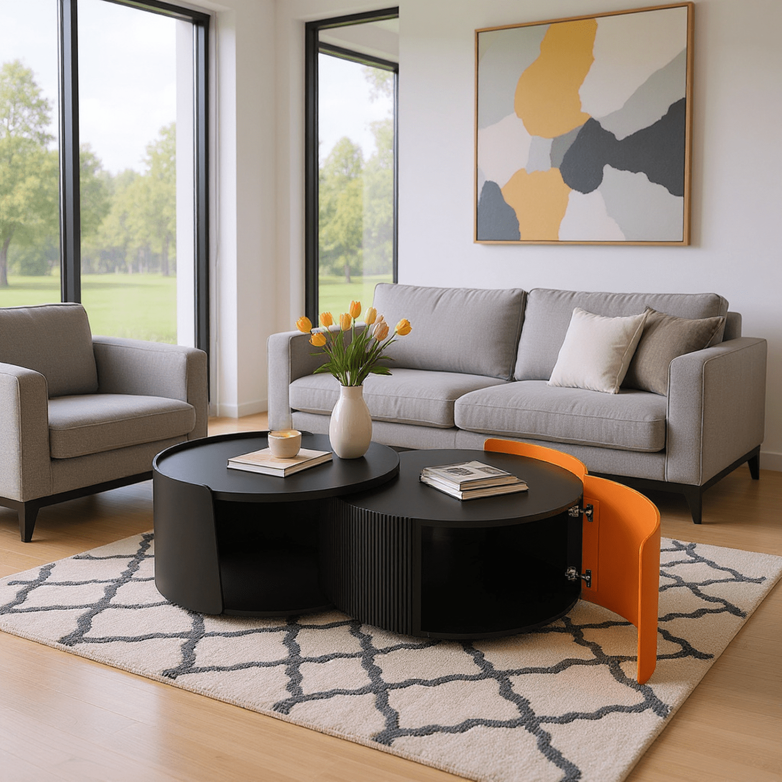 Homy Casa Modern Round Coffee Table Set with Storage, Black & Orange Finish, 2-Piece Design