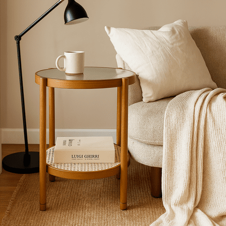 Homy Casa Modern Side Table with Rattan Weaving & Tempered Glass, Ideal for Living Room & Reading Nook, Brown
