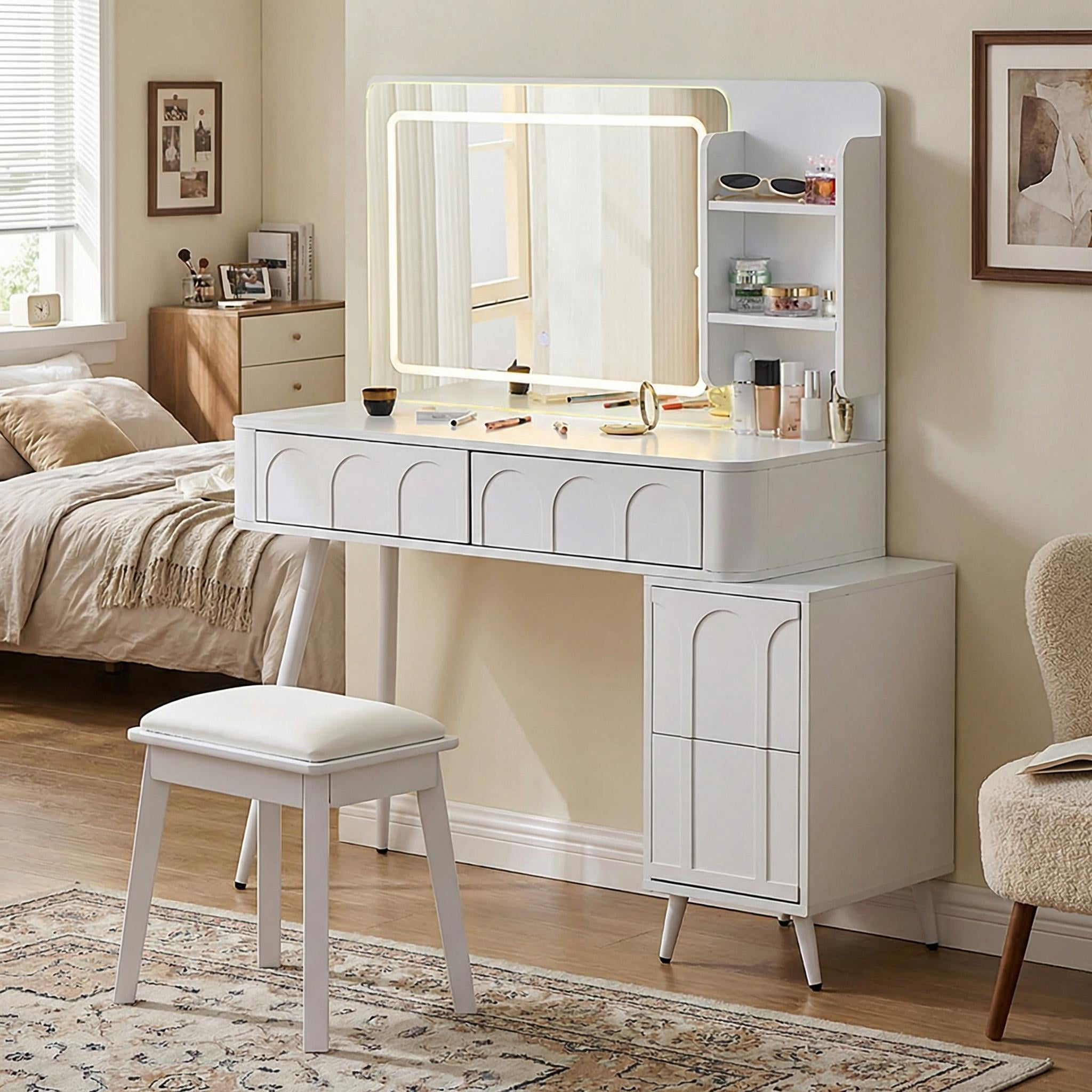 Homy Casa Vanity Table Set with LED Mirror, 4 Drawers and Stool， Adjustable Lighting Makeup Desk for Bedroom