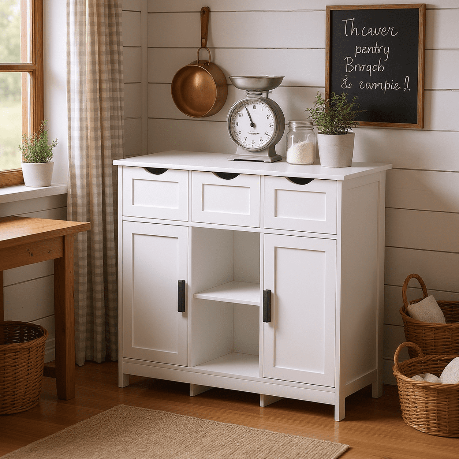 Homy Casa White Storage Sideboard with 3 Drawers & Adjustable Shelves
