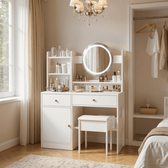 Homy Casa Modern White Vanity Desk with LED Mirror, Makeup Vanity Table with Drawers and Stool for Bedroom