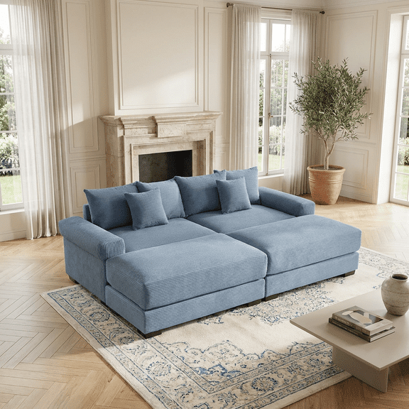 Homy Casa Modular Sectional Sofa, Corduroy Deep Seat Couch with 2 Ottomans, Blue