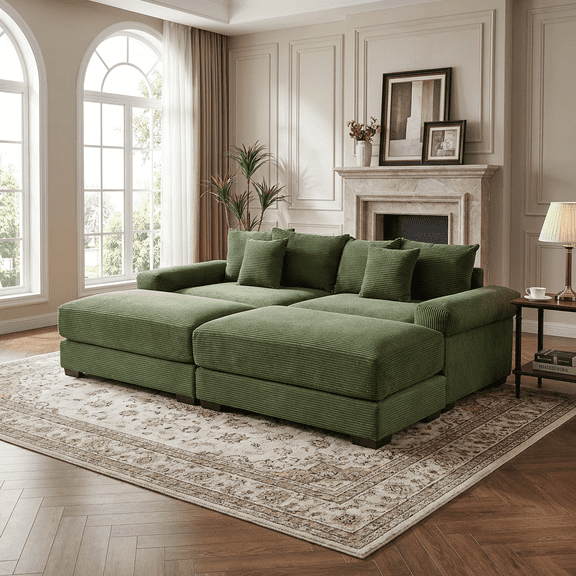 Homy Casa Modular Sectional Sofa, Corduroy Deep Seat Couch with 2 Ottomans, Green