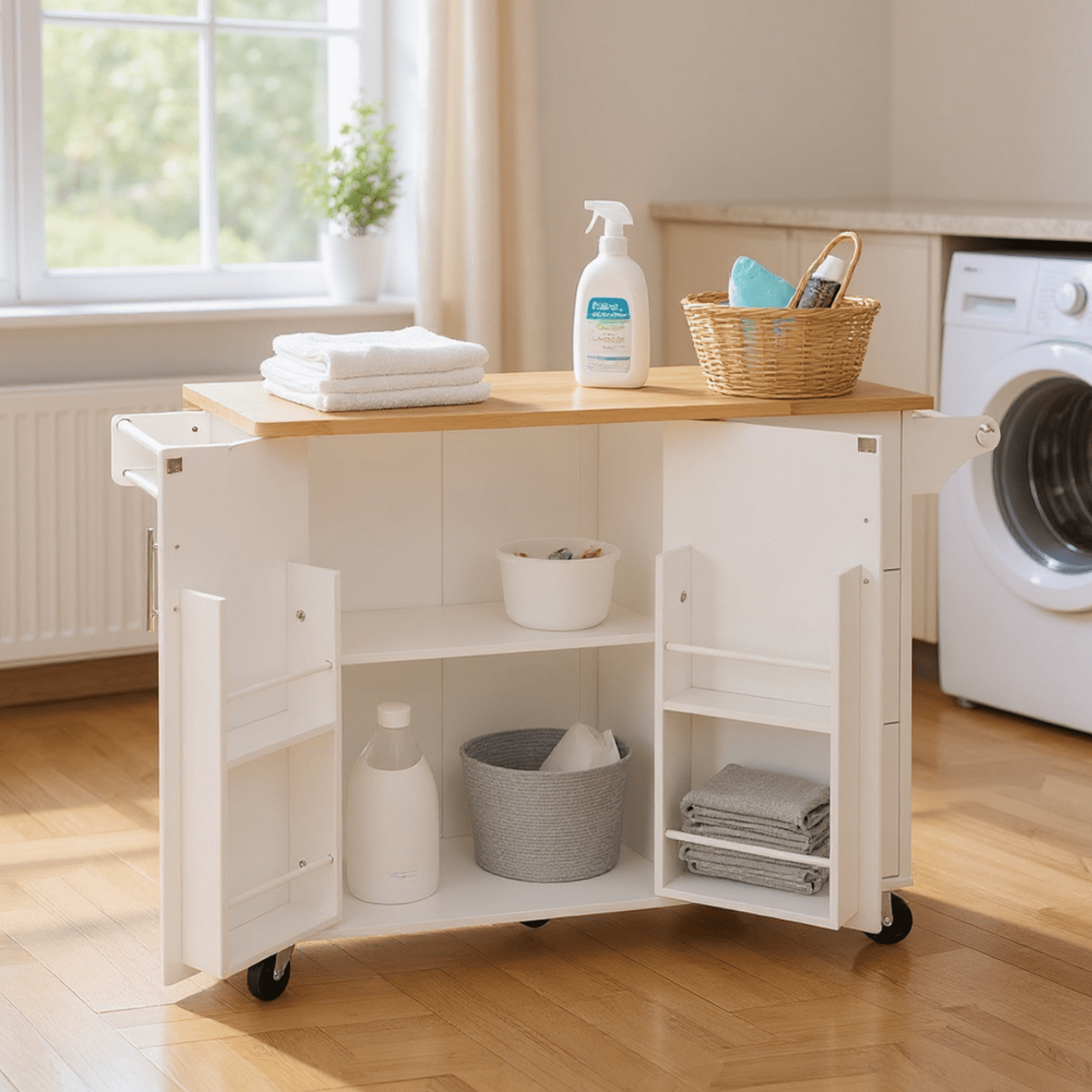 Homy Casa Multi-Purpose Rolling Utility Cart with Solid Wood Top, 3 Drawers, and Cabinet Storage