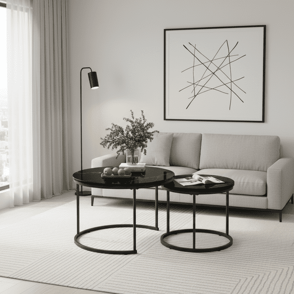 Homy Casa Nesting Coffee Table Set of 2, Round Marble Look Tables with Metal Frame