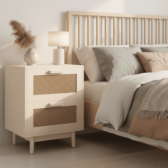 Homy Casa Nightstand with 2 Drawers, Rattan Bedside Table for Makeup Storage, Bedroom Vanity Side Table
