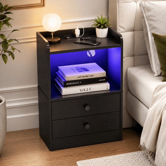 Homy Casa 15" Slim Nightstand with Charging Station, 2 Drawers, Open Shelf and Cable Management, Black