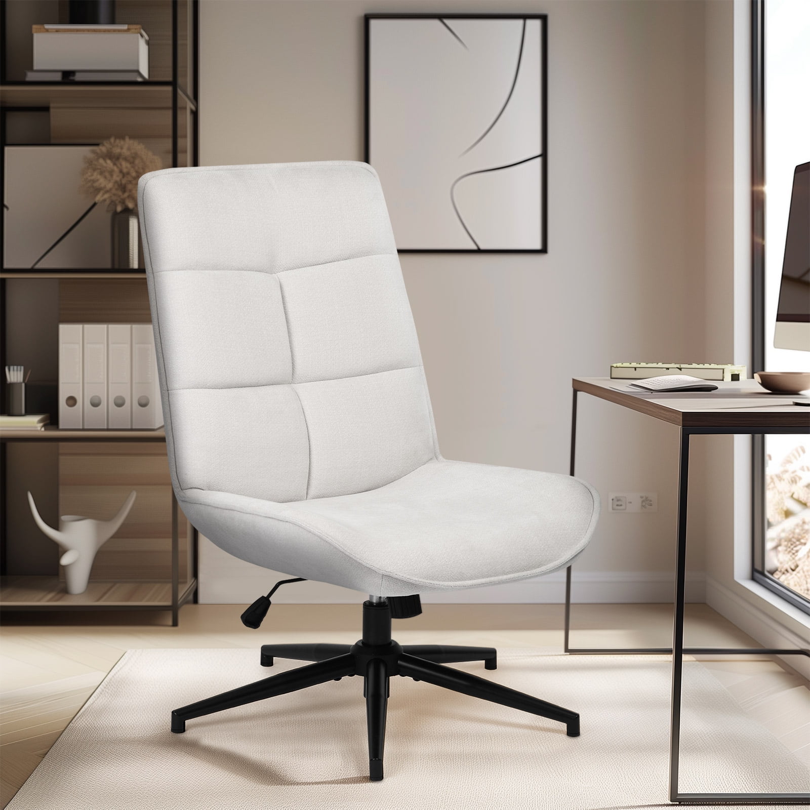 Homy Casa Office Desk Chair,  Adjustable Height 15° Tilt High Back Swivel Makeup Vanity Chair, Beige