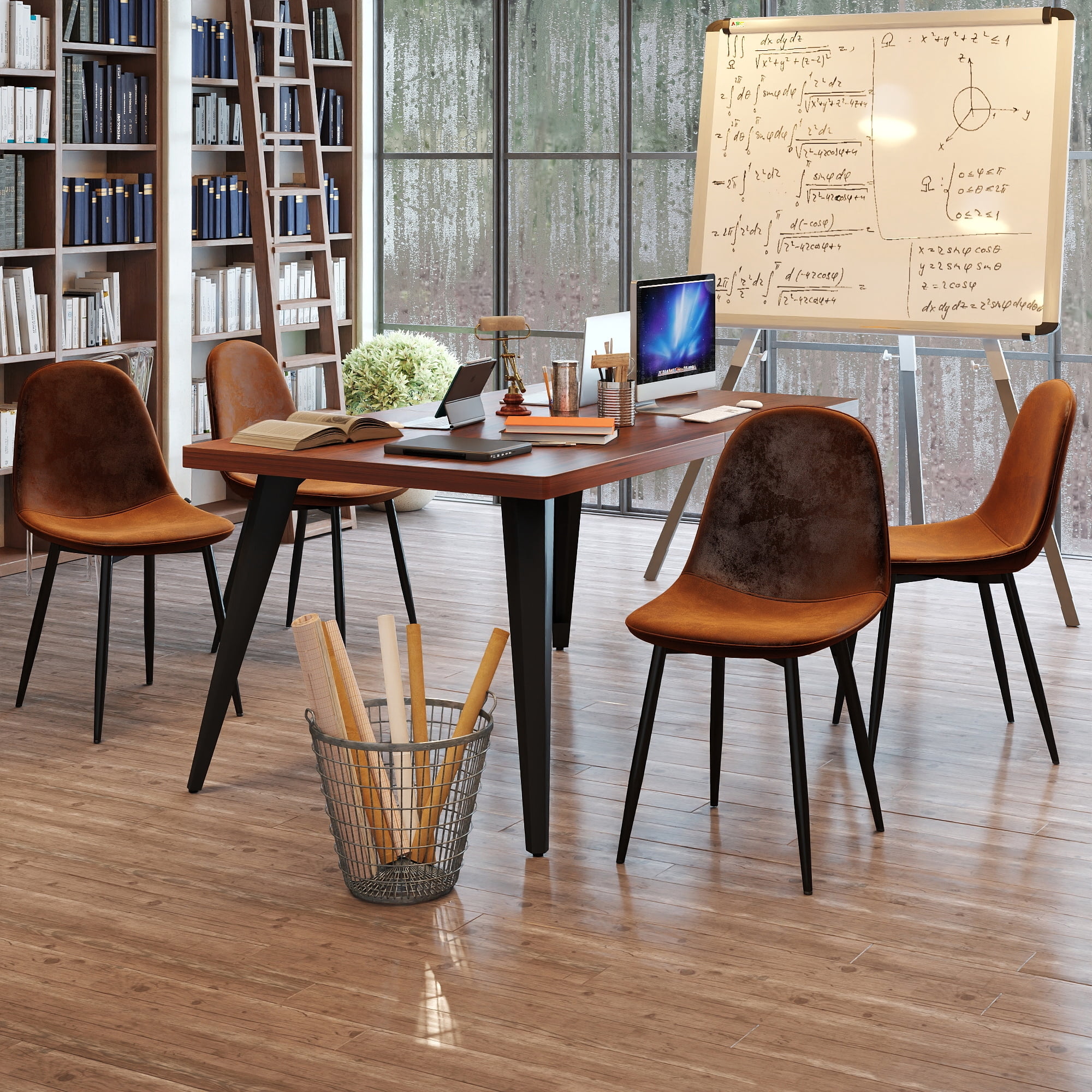 Homy Casa Desk Chairs Set of 4, Faux Leather Office Guest Chairs with Metal Legs, Brown