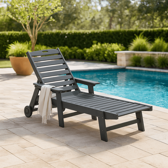 Homy Casa Outdoor Chaise Lounge Chair, Adjustable Recliner with Wheels for Poolside Patio, Black