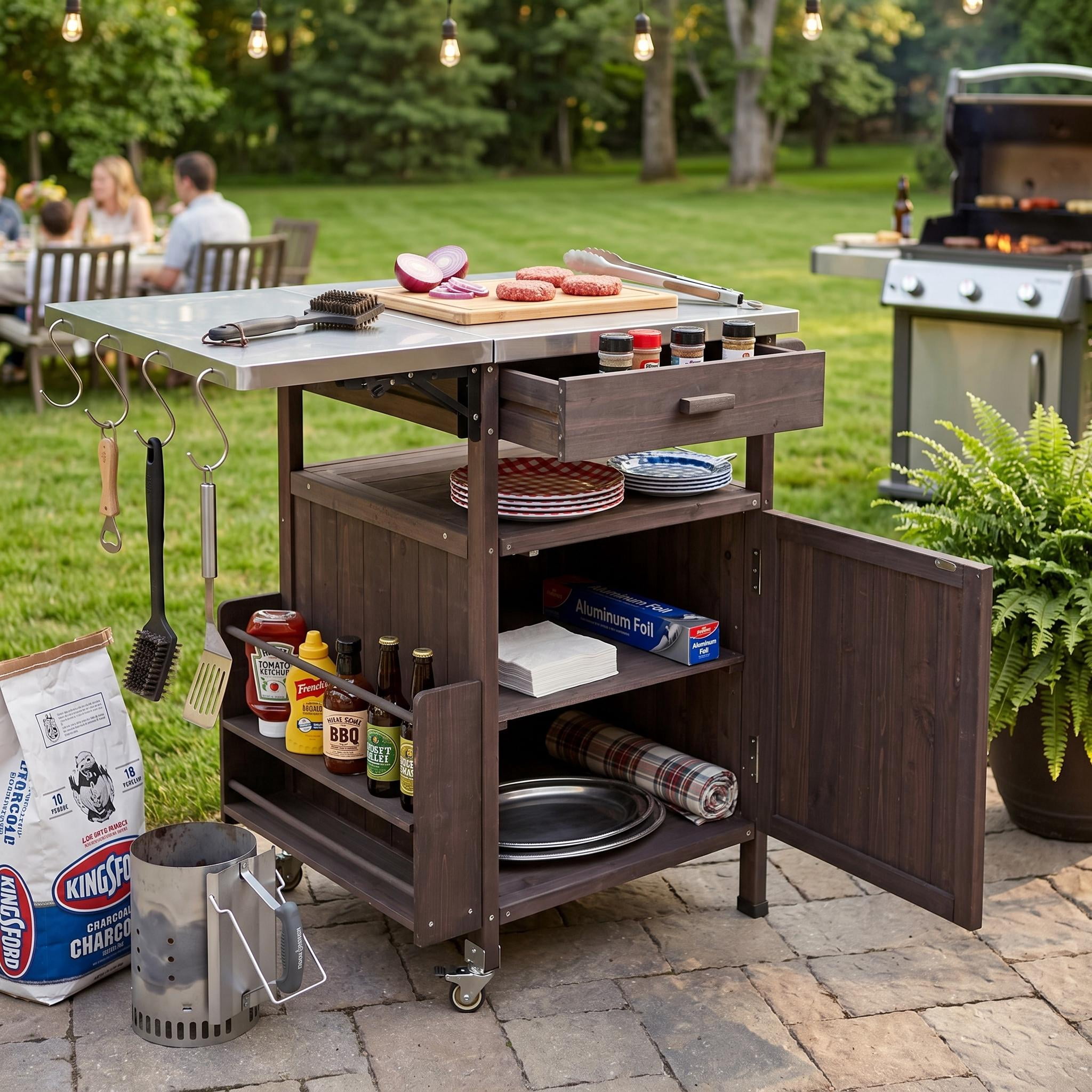 Homy Casa Outdoor Grill Cart with Drop Leaf, Rolling BBQ Prep Table and Patio Storage Cabinet, Brown