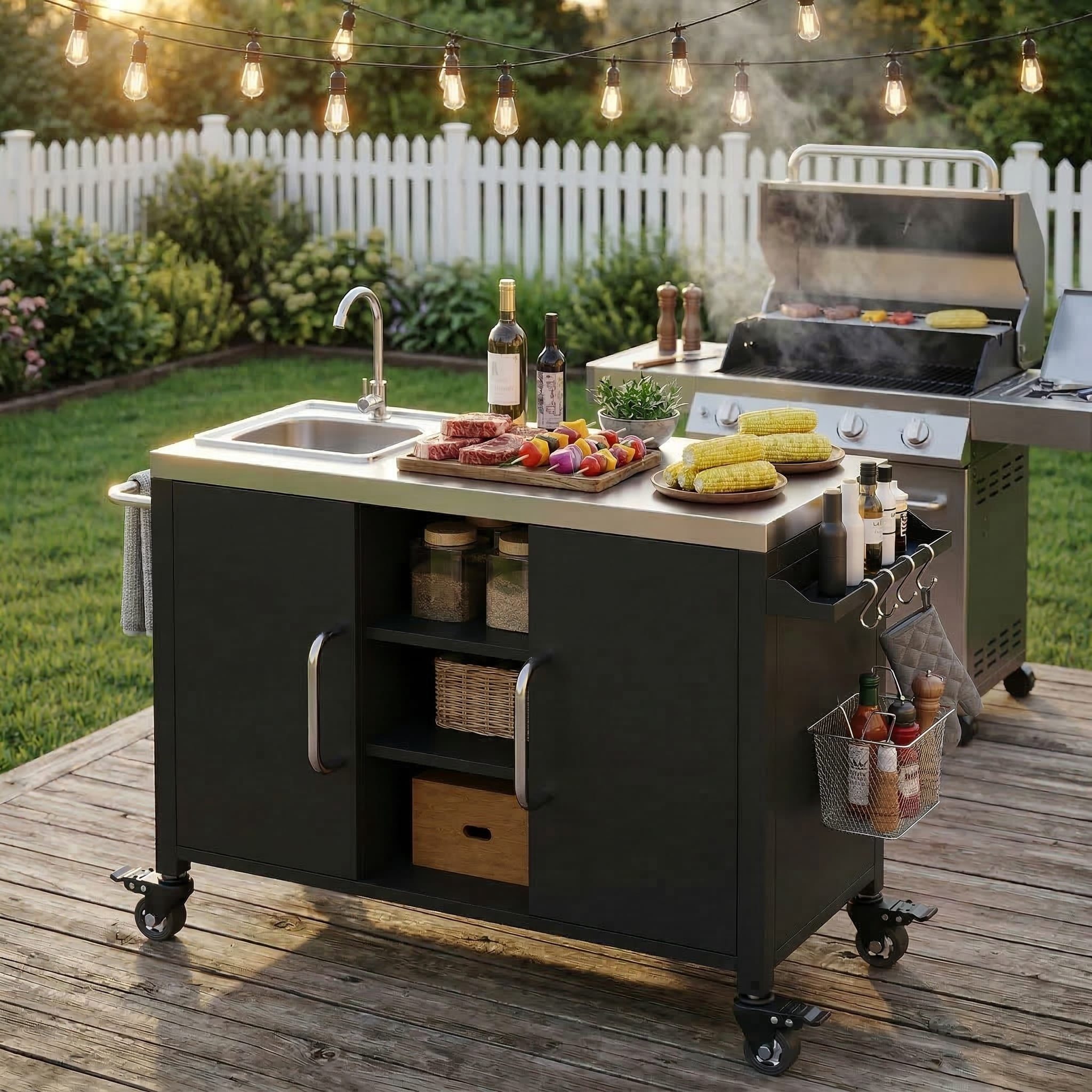 Homy Casa Outdoor Grill Cart with Sink and Stainless Steel Top, Rolling Outdoor Kitchen Cart with Cabinet Storage, Black