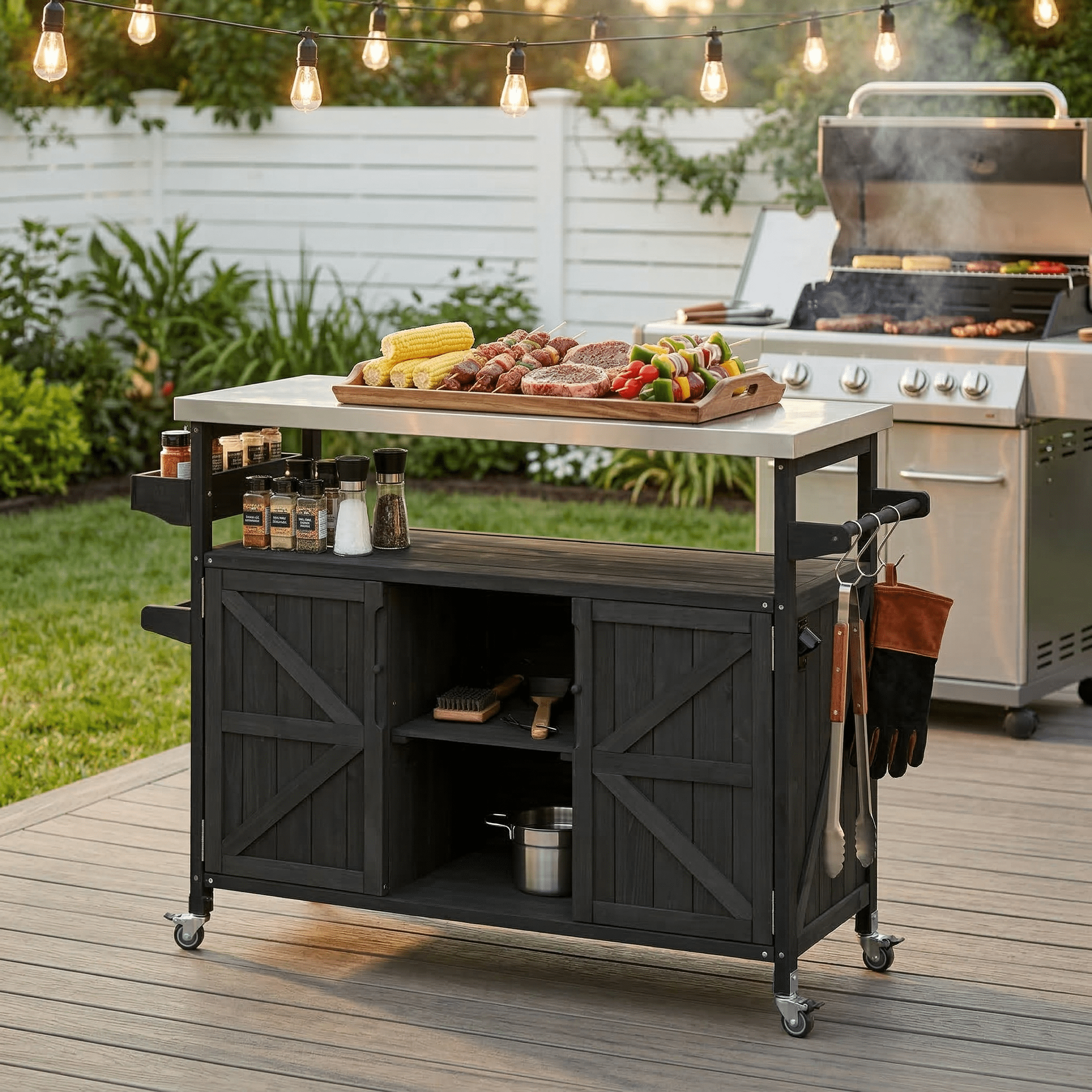 Homy Casa Outdoor Grill Cart with Stainless Steel Top, Rolling Kitchen Island with Storage Cabinet and Hooks, Black