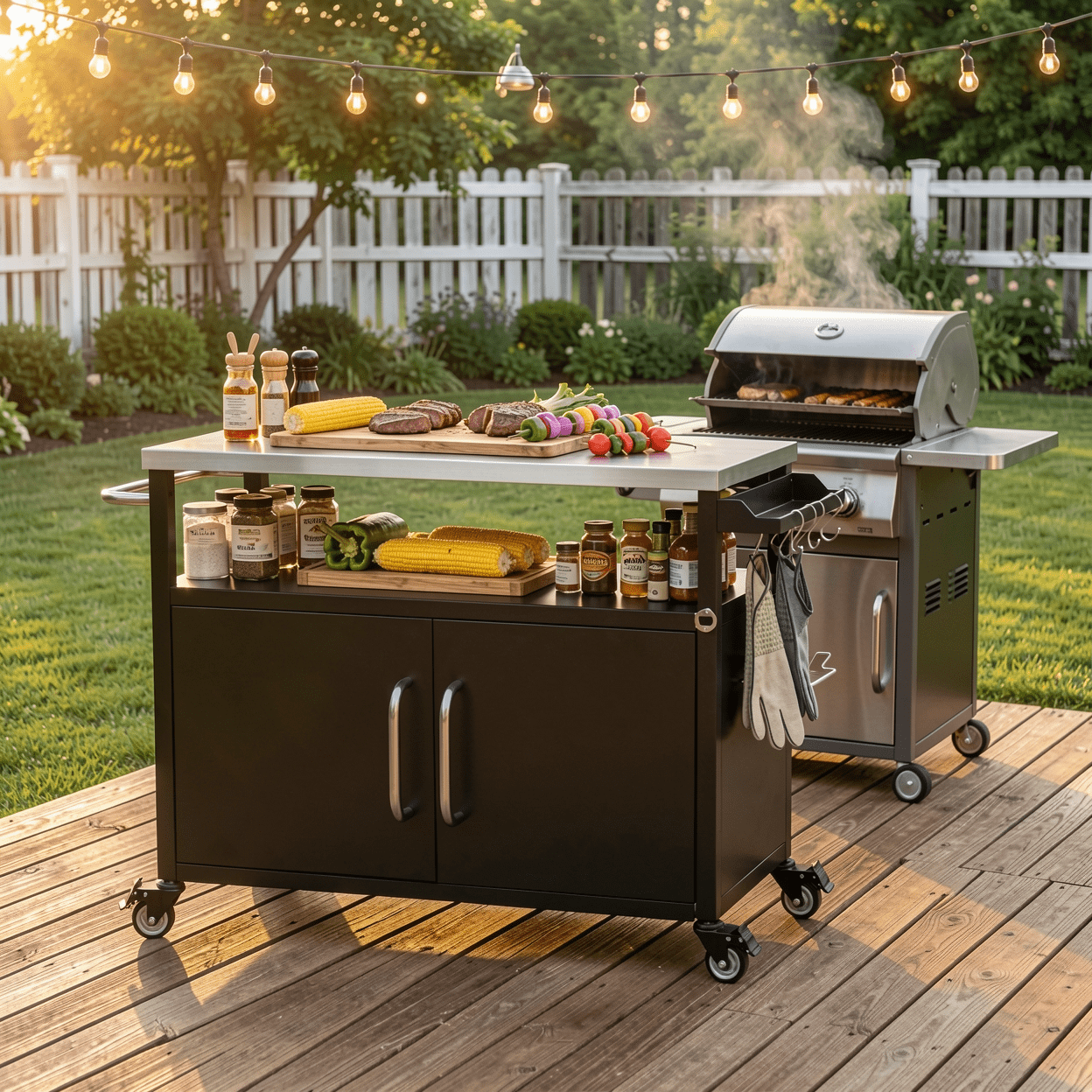Homy Casa Outdoor Grill Cart with Stainless Steel Top, Rolling Outdoor Kitchen Cart with Storage Cabinet and Hooks