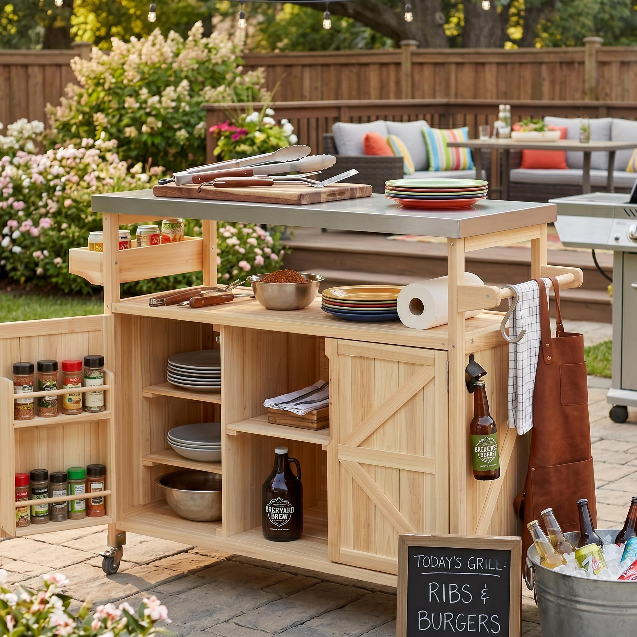 Homy Casa Outdoor Grill Cart with Storage Cabinet, Rolling BBQ Prep Table, Patio Storage Cabinet