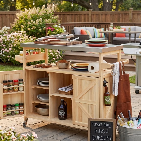 Homy Casa Outdoor Grill Cart with Storage Cabinet, Rolling BBQ Prep Table, Patio Storage Cabinet