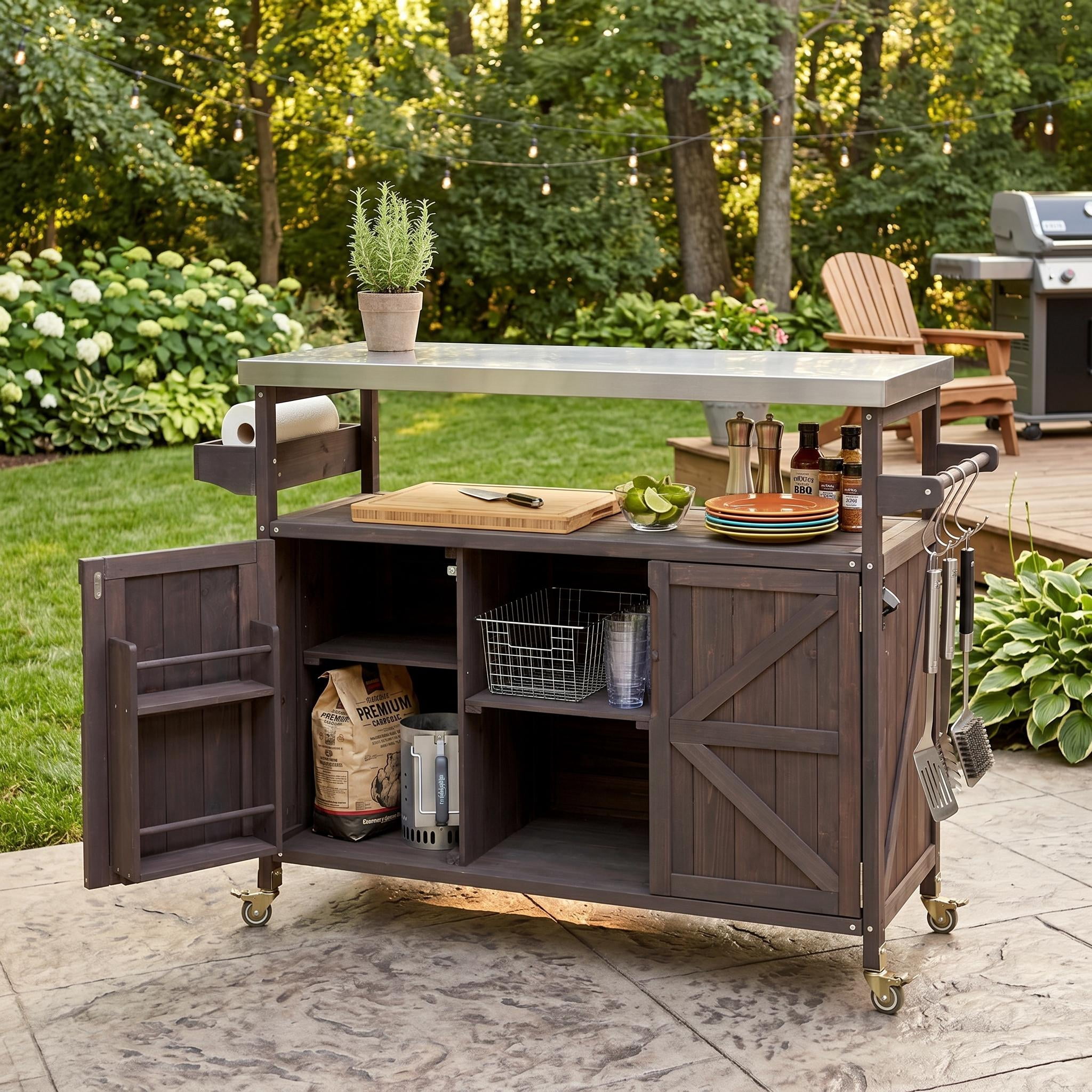 Homy Casa Outdoor Grill Cart with Storage Cabinet, Rolling BBQ Prep Table, Patio Storage Cabinet