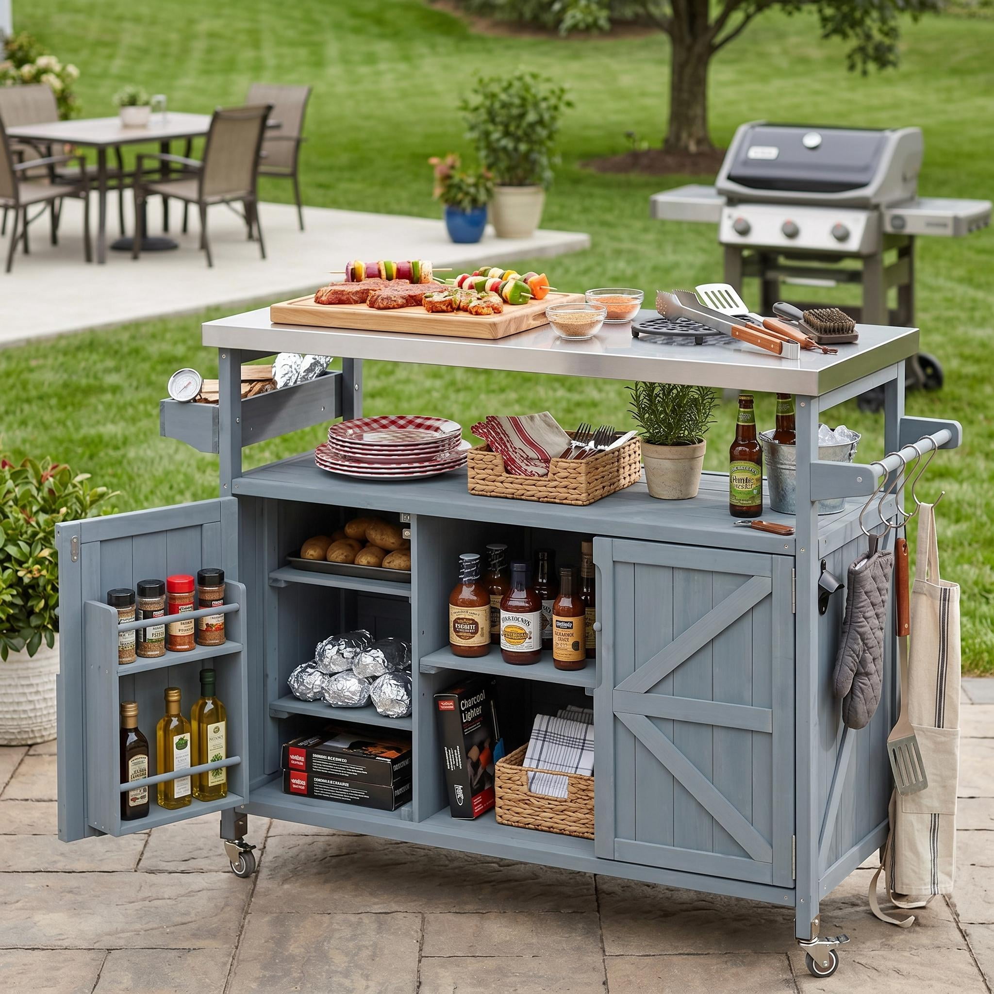 Homy Casa Outdoor Grill Cart with Storage Cabinet, Rolling BBQ Prep Table, Patio Storage Cabinet