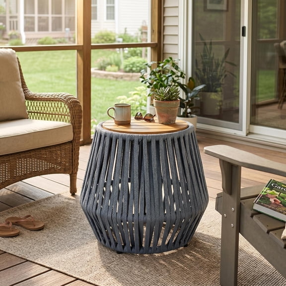 Homy Casa Outdoor Side Table, Round Patio Rope Accent Table with Wood Top, Gray