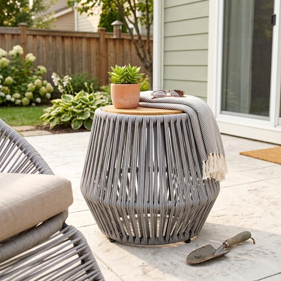 Homy Casa Outdoor Side Table, Round Rope Patio End Table with Slatted Wood Top, Gray