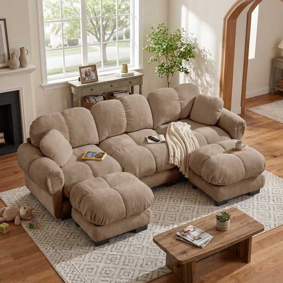 Homy Casa Oversize Chenille U-Shaped Sofa with Movable Ottoman, Deep Seat Couch, Quilted Back Cushions, Soft Padded Armrests, Brown
