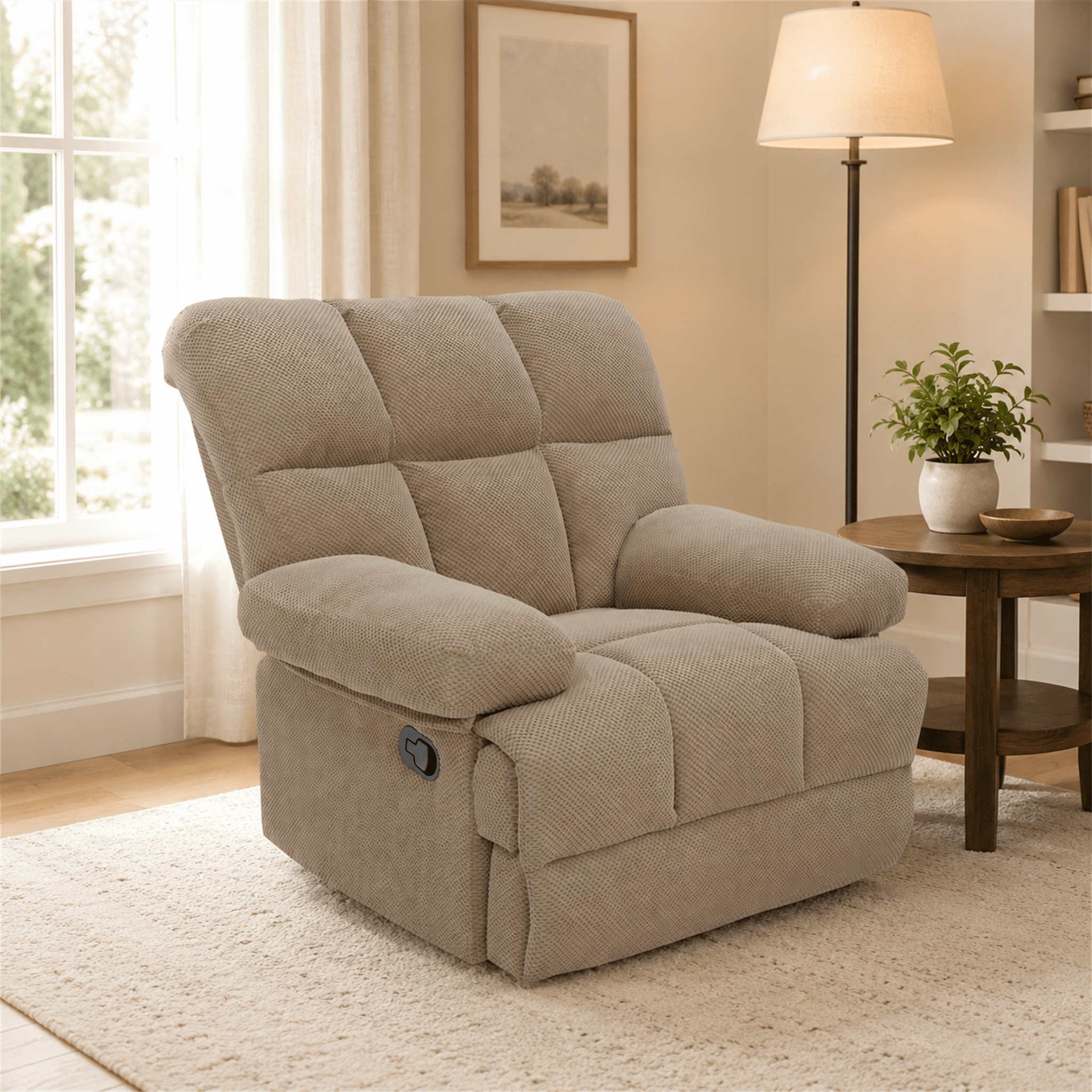 Homy Casa Overstuffed Rocking Recliner, Manual Fabric Chair with Footrest for Living Room, Beige