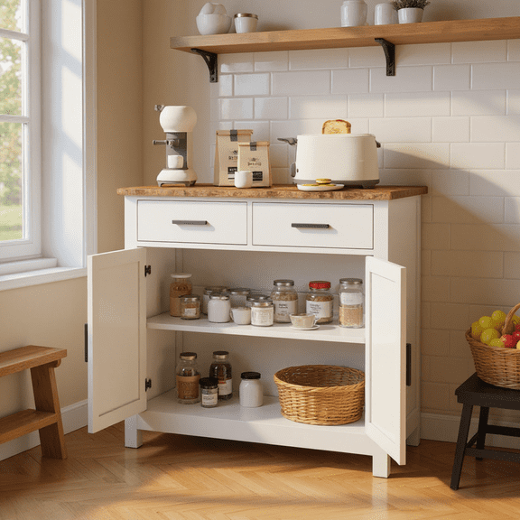 Homy Casa 31.5" Pantry Storage Cabinet Drawers and Doors, Adjustable Shelf, Kitchen Sideboard Buffet