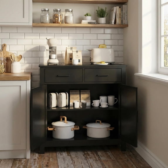 Homy Casa 31.5" Pantry Storage Cabinet Drawers and Doors, Adjustable Shelf, Kitchen Sideboard Buffet