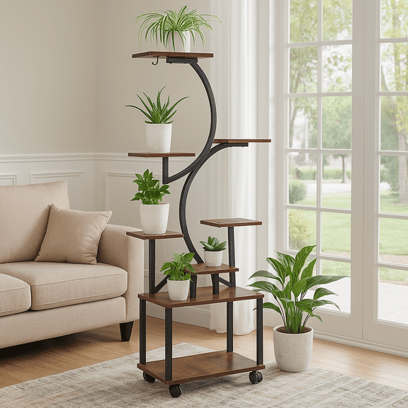 Homy Casa Plant Stand with Grow Lights – Ideal for Apartment Living and Indoor Gardens, Walnut & S Shape