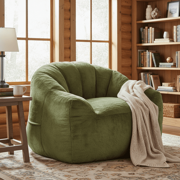 Homy Casa Plush Adult Bean Bag Chair with Arms, Soft Faux Fur Lounge Chair for Living Room, Bedroom